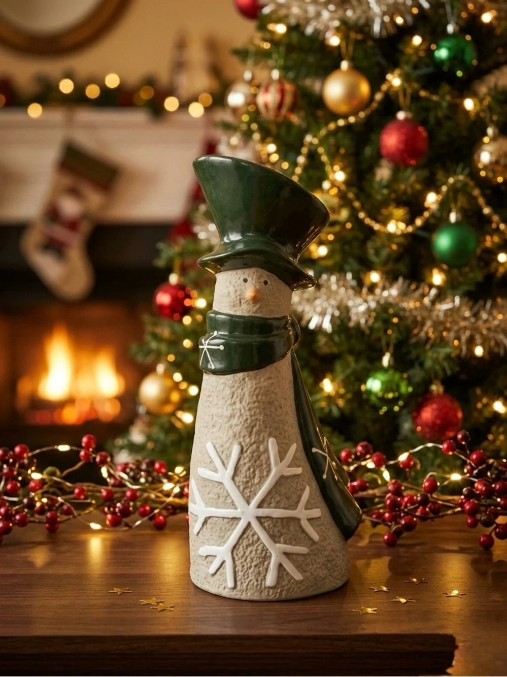 Vintage Ceramic Snowman Vase with Dark Green Hat & Scarf